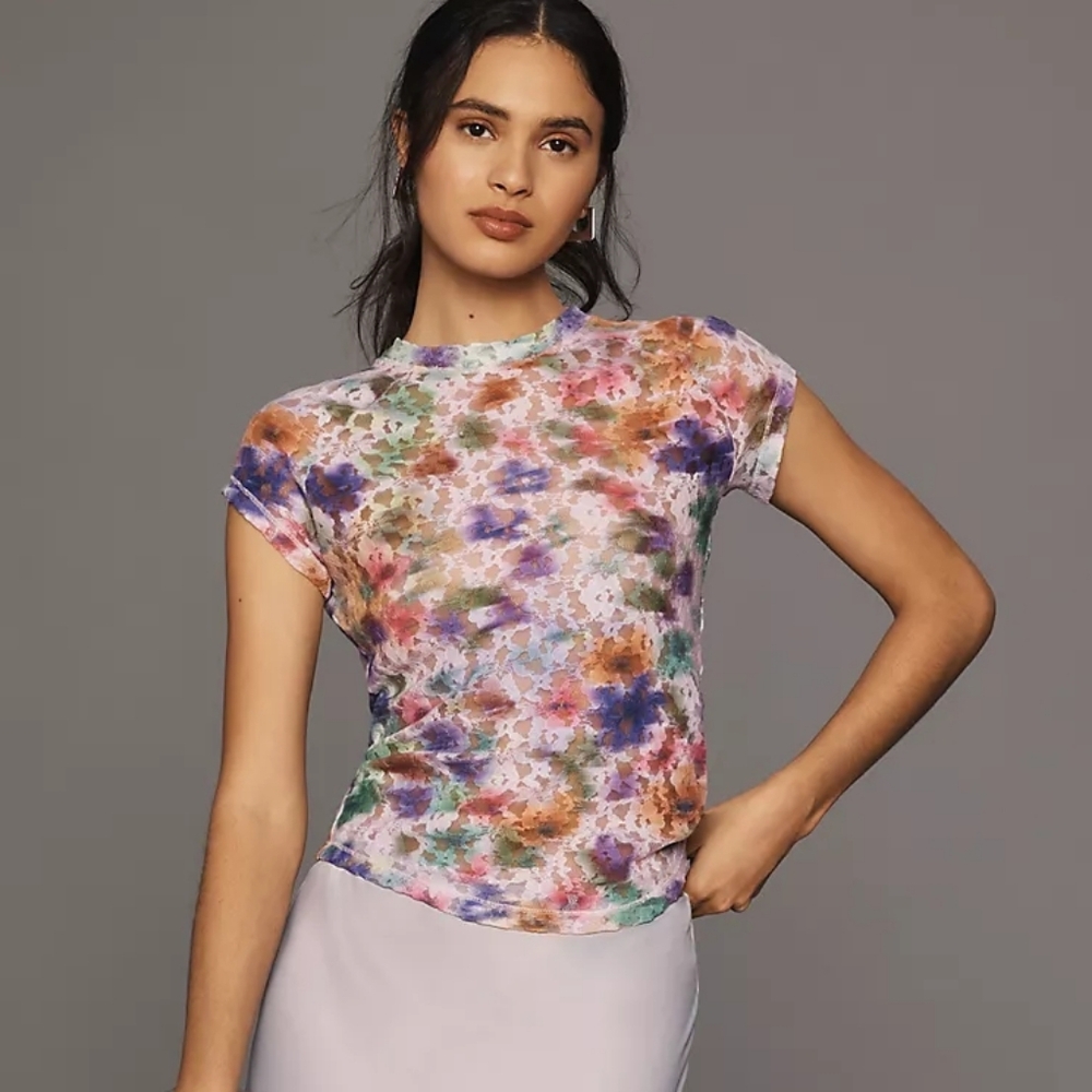 Anthropologie Pilcro Short Sleeve Mock-Neck Lace Top Size XS - Picture 4 of 11